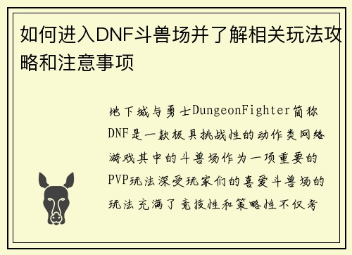 如何进入DNF斗兽场并了解相关玩法攻略和注意事项